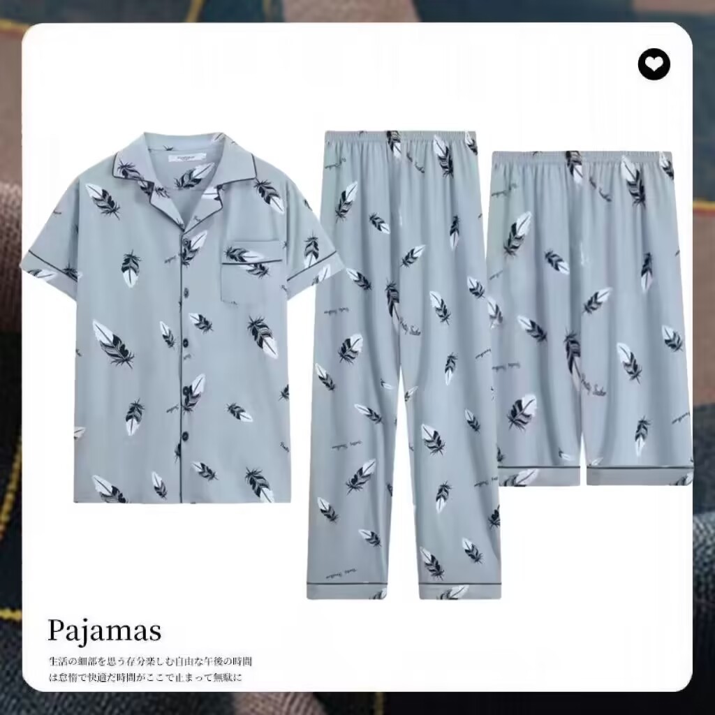 100% pijamas pantalones cortos de algodón de manga corta de verano para hombre Pantalones más tamaño de tres piezas delgadas homewear suelto para hombre