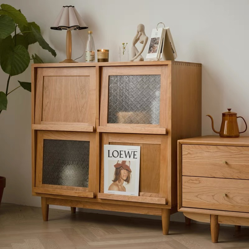 Nordic Solid Wood Sideboard Household Living Room Bookcase Magazine Cabinet Japanese Glass Flip-on Floor Storage Locker