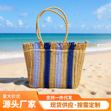 批发新款蓝色流苏手提编织包 大容量菜篮子包度假风单肩草编包