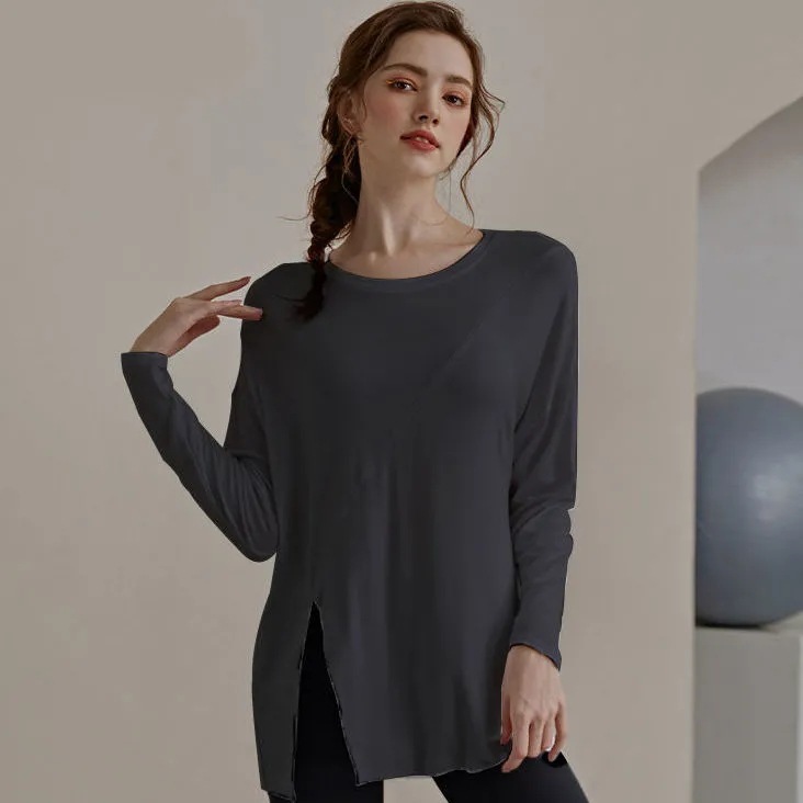 新しいモーダルヨガウェア半袖ルーズスリムロングスポーツTシャツ通気性ランニングフィットネスウェア女性のトップス|undefined