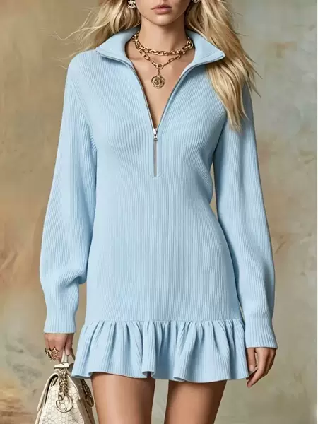 Cross-border Amazon 2026 Fall/Winter New European and American Style Half-Zip Collar Dress for Women, Long Sleeve Ruffle Short Dress