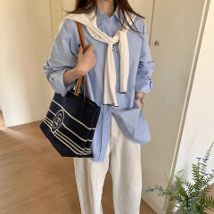 蓝色长袖衬衫女2025秋季新款韩系慵懒宽松显瘦百搭休闲衬衣上衣