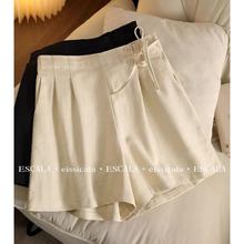 侧细带设计感亚麻棉天丝五分短裤女气质直筒高腰休闲中裤Y0610D