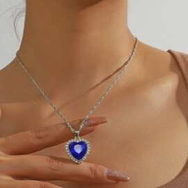 新款欧美超闪奢华复古蓝宝石项链锁骨链女蓝色水晶锆石心形吊坠潮