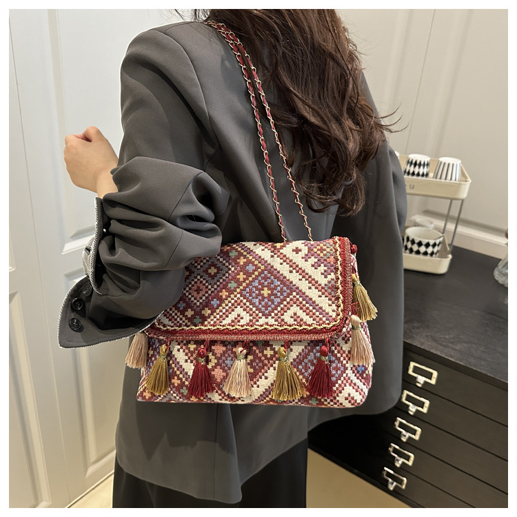 336g Weight Flip Cover Closure Type Single Shoulder Strap Strap Type Shoulder Bag Bags Type Casual, Holiday Occasion Cloth Material Geometric Pattern All Seasons Season Women's Gender Elegant, Ethnic Style Style Square Shape Women's Cloth Geometric Elegant Ethnic Style Square Flip Cover Shoulder Bag 13