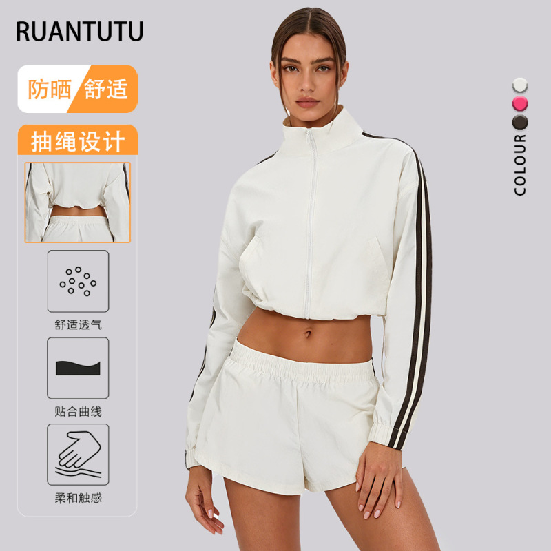 Women's European and American style sports jacket with stand-up collar, zipper, loose fit, drawstring, exposed waist, windproof, quick-dry, suitable for running, yoga, and fitness