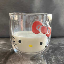 双层卡通KT猫玻璃杯隔热牛奶杯冬季新款可爱少女心玻璃水杯早餐杯