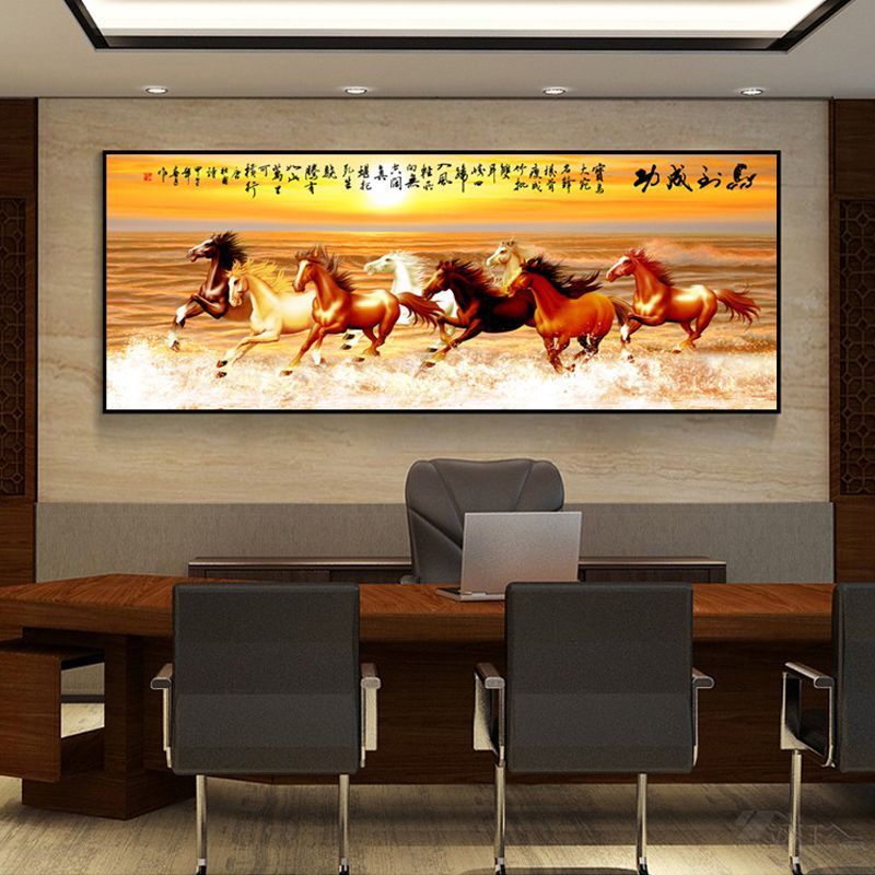 新中式八骏图国画客厅书房酒店客厅沙发背景墙大气成品带框挂画
