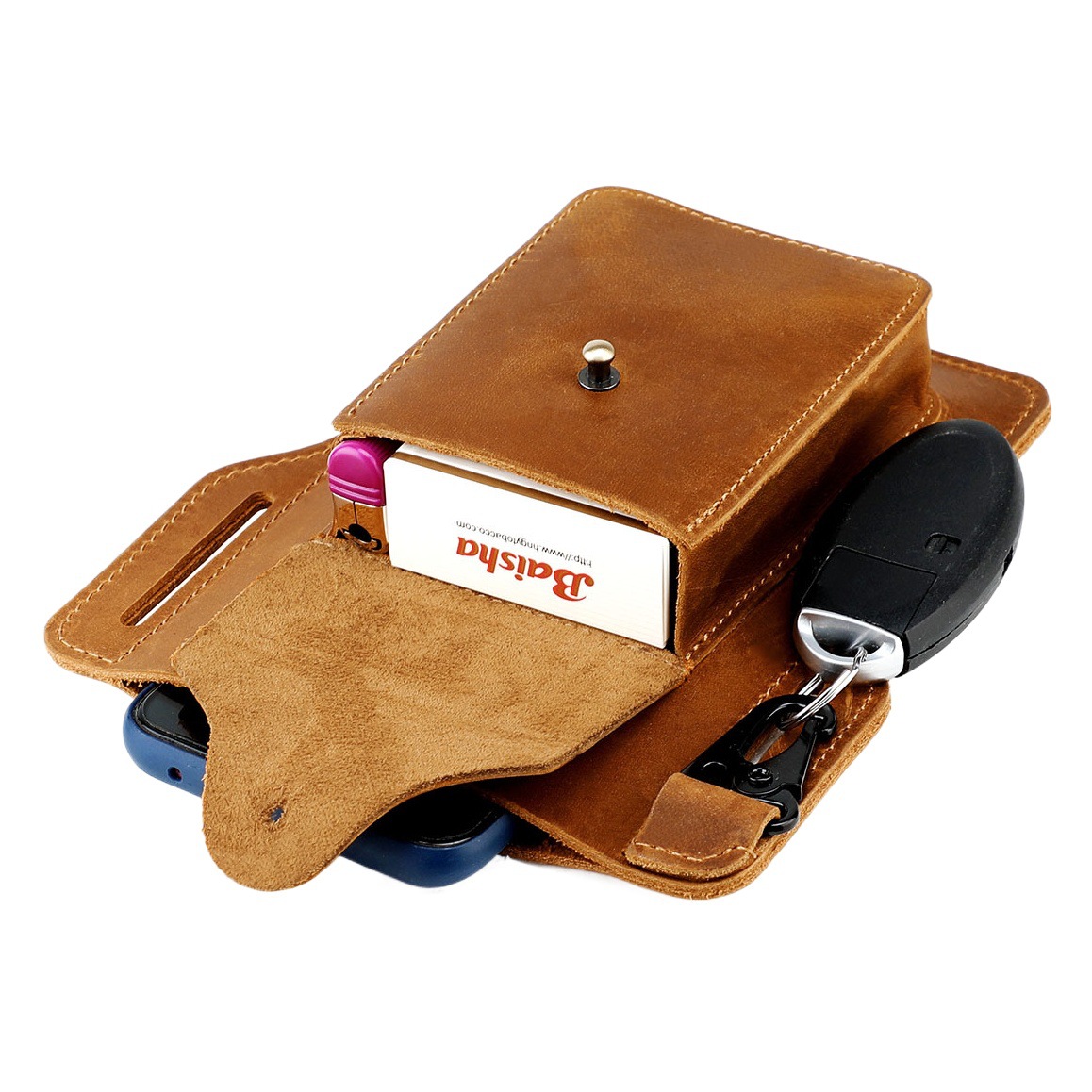 Foreign Trade New Amazon Crazy Horse Leather Double Mobile Phone Bag Waist Hanging Outdoor Sports Construction Site Sports Retro Men's Waist Bag