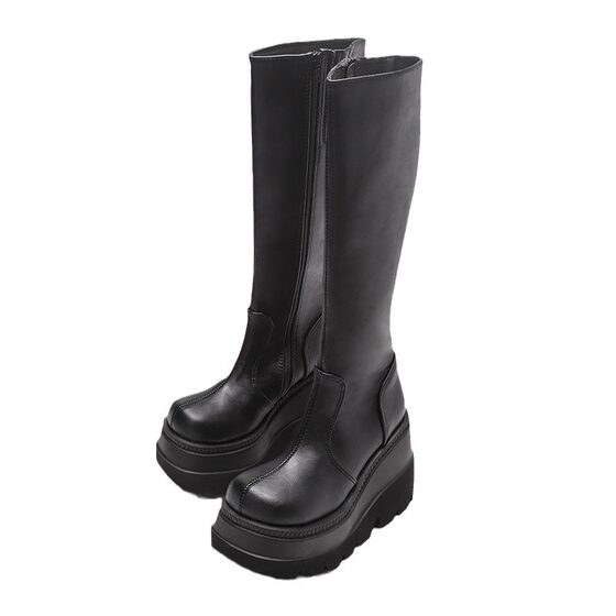 European and American wedge small tube circumference Gothic style thick-soled boots motorcycle Knight Boots knee-high toe slimming high boots