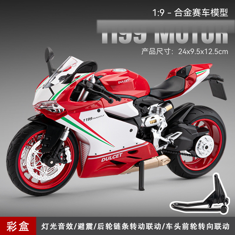 Modelo de motocicleta Ducati 1199 a escala 1:9, un coleccionable de primera categoría en la cultura de las motocicletas, con sonido y luces.