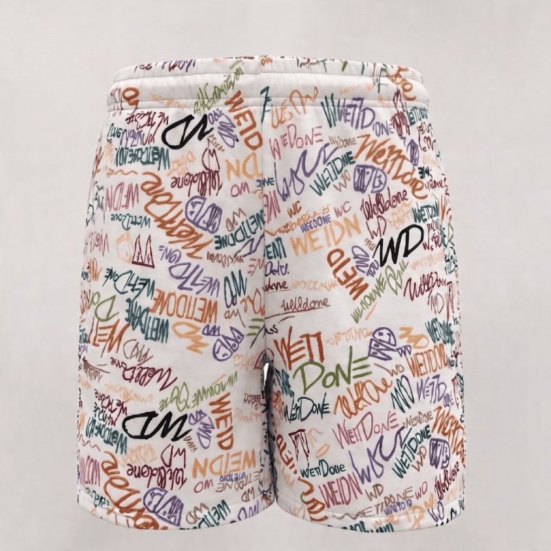 Retro Full Print Graffiti Lettering Men's Summer Shorts, High Street Loose Fit Straight Leg 5-Point Shorts_viptrois.com