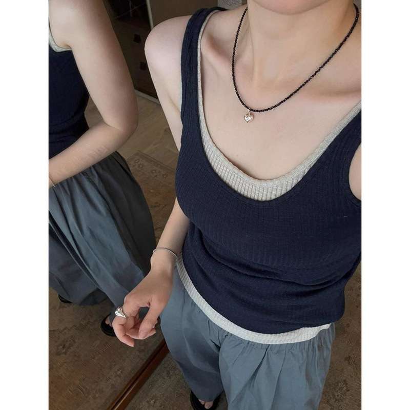 Xizang Blue Large Neckline U-Neck Fake Two-Piece Small Camisole Women's Summer Outer Wear Knitted Short Sleeveless Top