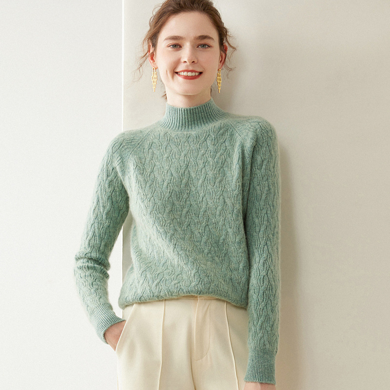 New Style Half-Turtleneck Cashmere Sweater for Women, Autumn and Winter Thickened Cable-Knit Base Sweater, Loose Plus-Size Pullover Knit Sweater