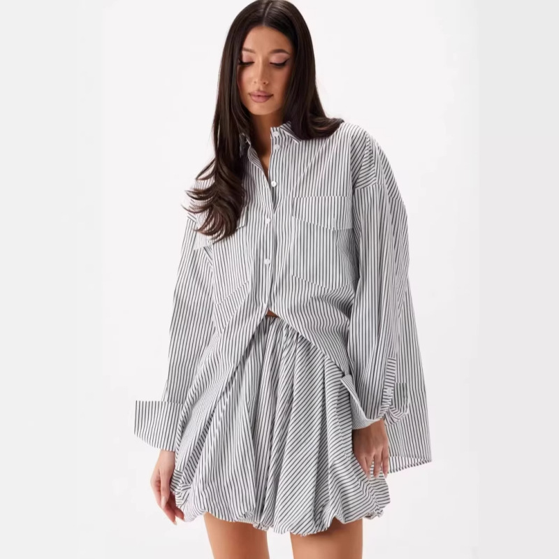2026 European and American Cross-Border New Style Casual Simple Striped Suit with a Turn-Down Collar Shirt and Long-Sleeve Puffy Floral Short Skirt 2026 European and American Cross-Border New Style Casual Simple Striped Suit with a Turn-Down Collar Shirt and Long-Sleeve Puffy Floral Short Skirt