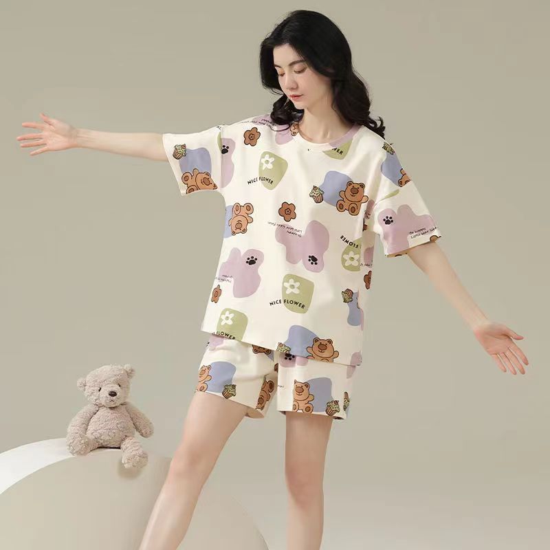 2025 New Summer Style Sweet Cartoon Print Short-Sleeved Pullover Round Neck Pajamas for Women, Thin Summer Style, Casual and Can Be Worn Outside