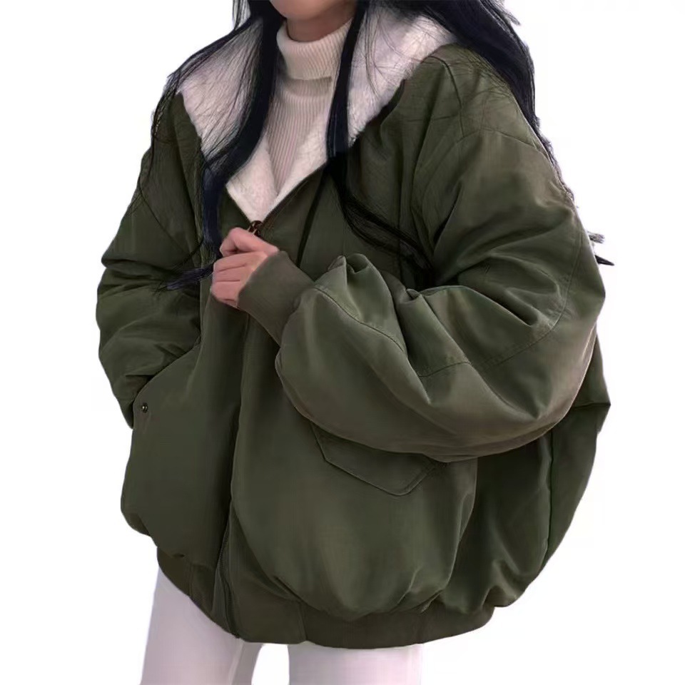 加绒加厚两面穿羊羔毛棉服女装外套秋冬新款拉链连帽棉衣上衣保暖