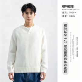 老钱风男装V领打底长袖套头 内搭纯色毛衣针织衫上衣男 简约宽松