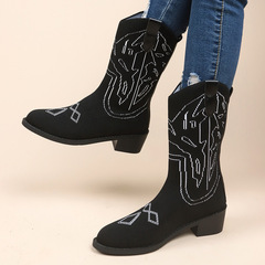 歐美風新款針織彈力保暖中筒靴女外貿大碼粗跟飛織刺繡復古秋冬季