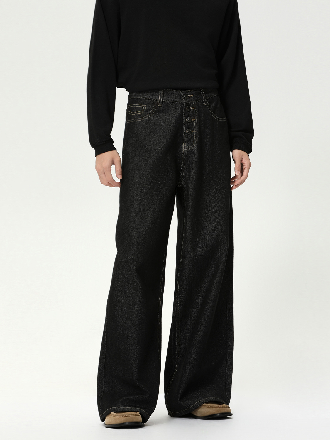 MTLCLOTHES Hombres| Retro multi-botones de cintura media base de vaca piernas anchas rectas jeans lavados con agua