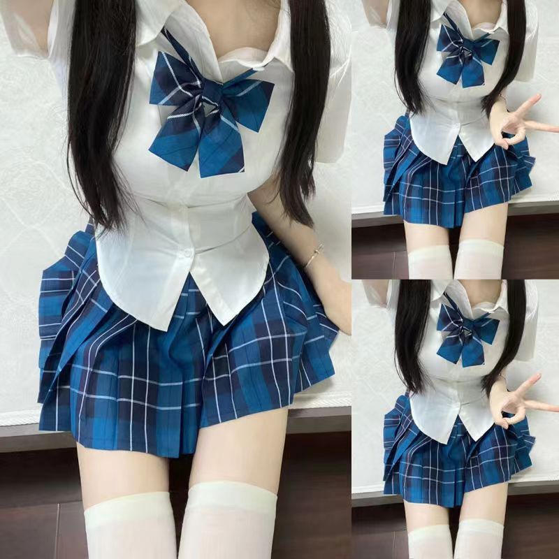 JK制服カレッジスタイルプリーツスカートスーツウエスト痩身シャツスリーピースチェック柄スカートシャツ大きいサイズハーフスカート|undefined