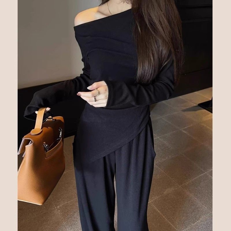올해 인기있는 아름다운 세트 여성의 새로운 오프 숄더 탑 팬츠 2 피스 봄 가을 겨울 의류