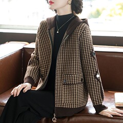 Houndstooth coat for women autumn and winter new style mother fashion casual hooded age-reducing top spring and autumn hooded coat