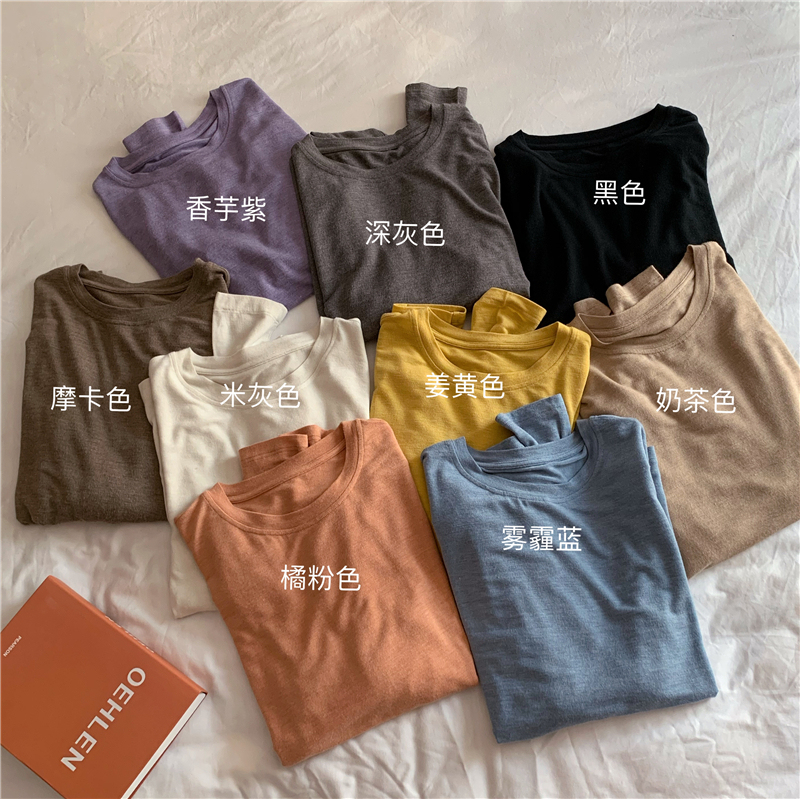 Soft Round Neck Short-sleeved Long-sleeved T-shirt Women's Spring and Summer Loose Solid Color Thin Base Shirt Top Inner Girlfriend Clothes