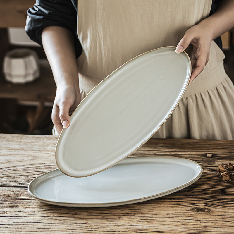 Estilo nórdico simple platos de cerámica oval casero plato de pescado al vapor horno de sushi plato de alta sensación