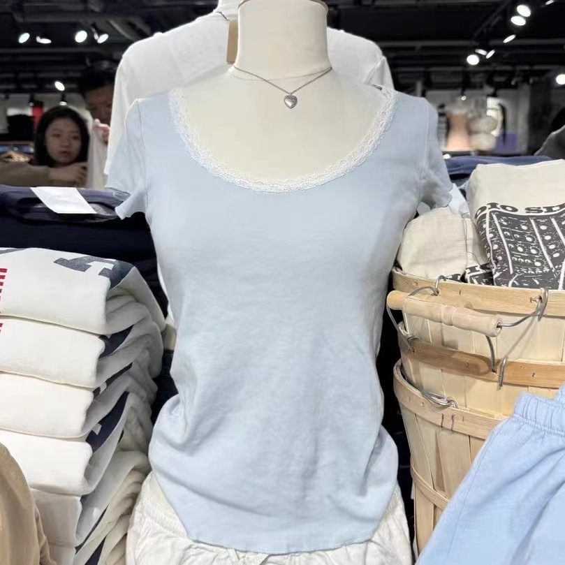 bm STyle New Lace BeaUTifUl U-neck ShorT-sleeved T-shirT Women's bm PUre Desire BoTToming FUngUs Top