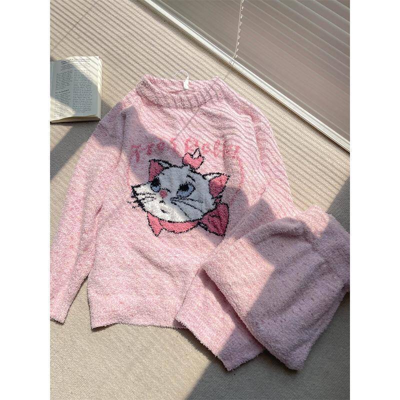 Al por mayor transfronterizo colorido mitad de lana azul KT pijama gato niña gruesa pantalones de manga larga suave conjunto de ropa para el hogar