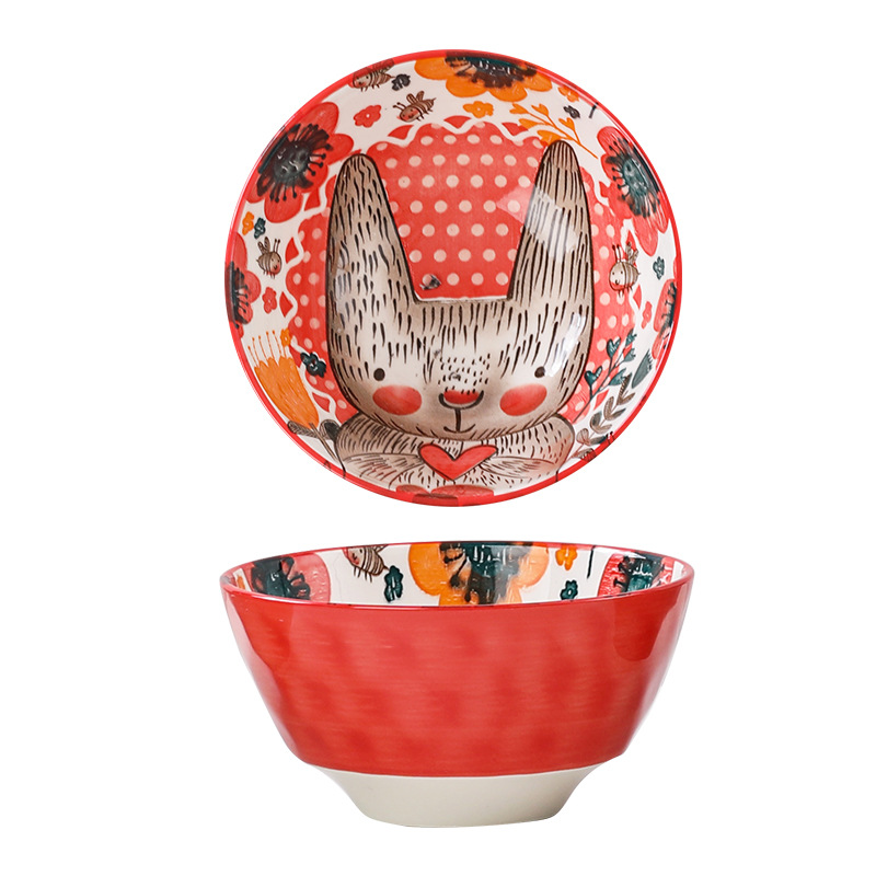 Tazón de Cerámica con Diseño de Animales del Bosque, 4.75 Pulgadas, con Patrón de Piedra, Lindo Tazón para Arroz, Vajilla para el Hogar, Tazón Pequeño, Adorable Conejo de Orejas Largas.