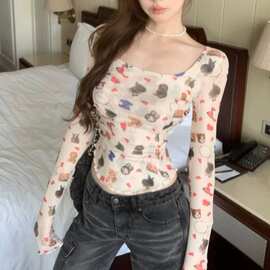 性感辣妹露背绑带网纱短款露脐长袖T恤女防晒印花打底减龄上衣女T