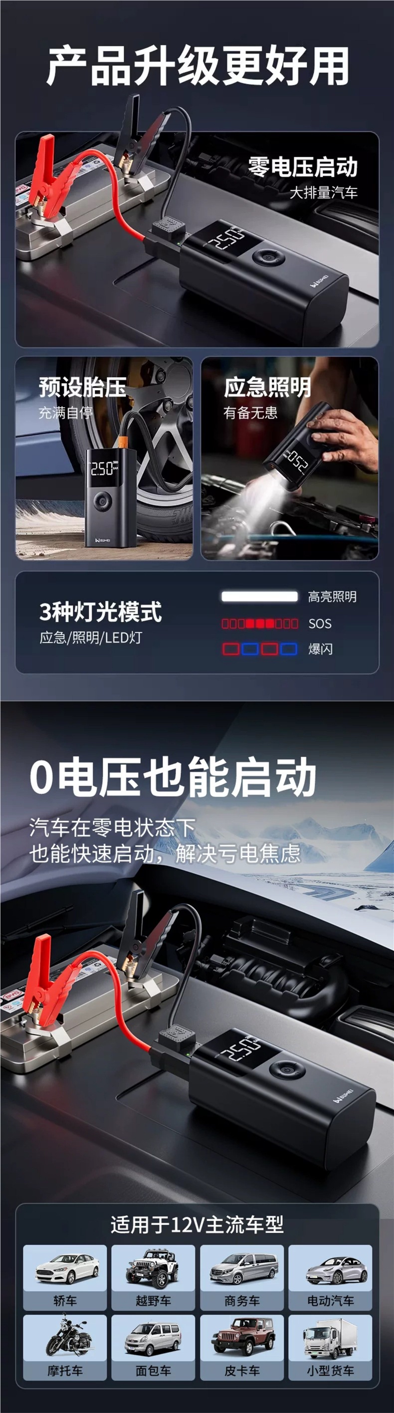 Buwei Car Emergency Jump Starter Power Bank with Integrated Car Air Pump and Backup Battery