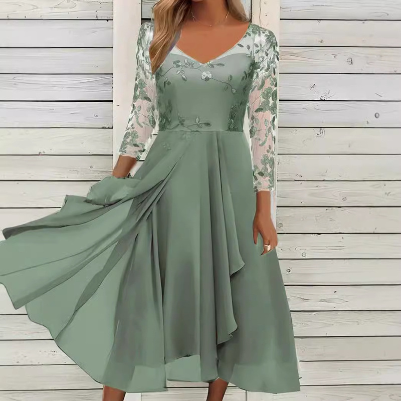 2023 Europe Station Cross-border Amazon Dress Chiffon Stitching V-Neck Mesh Hollow Dress Bridesmaid Evening Dress