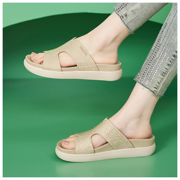 Dép sandal nữ xỏ ngón đế bệt đính đá lấp lánh phong cách Hàn Quốc — màu đen, màu hồng, màu mơ chi tiết 9