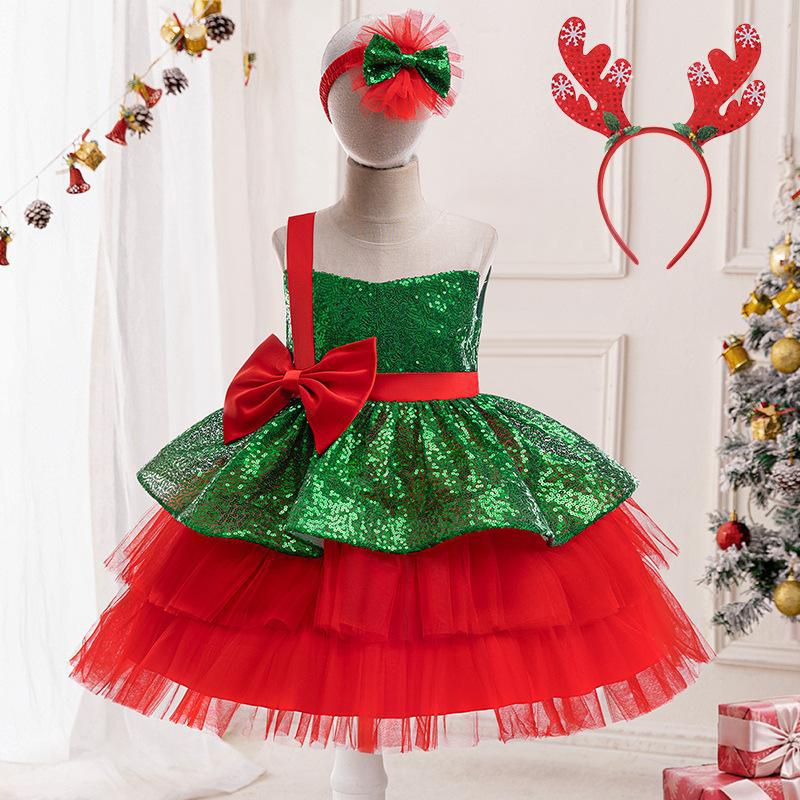 Amazonas vestidos de niñas vestidos de Papá Noel vestidos de niños espectáculo de fiesta flocos de nieve vestido de princesa rojo verde