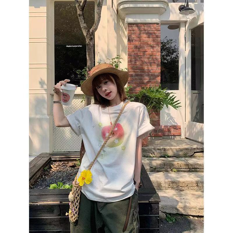 Pure Cotton Korean-Style Fun and Sweet Apple Print Round Neck T-Shirt for Men and Women, New Summer Style Loose-Fitting Couple Short-Sleeved Top