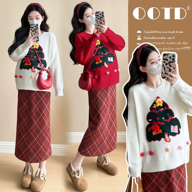 Одежда для беременных 2024 осень и зима новая сетка красная сладкая мода рождественская елка минус возраст Новый год свитер топ прилив