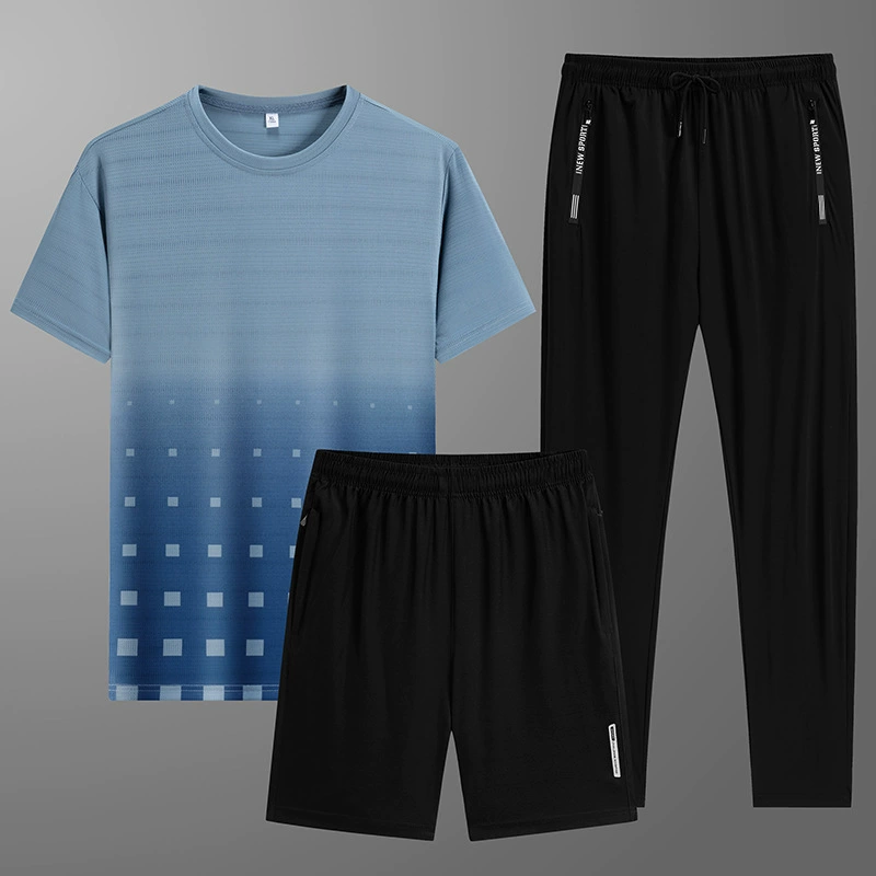 Толстовка с короткими рукавами, шорты, костюм из ледяного шелка, мужская футболка из двух предметов для летних каникул, красивый комплект повседневного спорта.