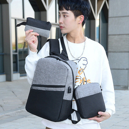 Cross-border dual-shoulder backpack set of three  new large-capacity backpack USB charging business laptop bag casual school bag