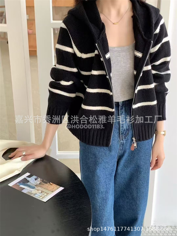 韩系条纹连帽拉链毛衣外套女秋冬新款宽松百搭针织开衫小个子上衣|undefined