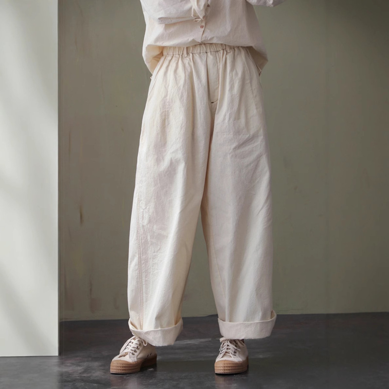 Spring, Summer, and Autumn Seasons, Artistic Retro Original Plain Color Simple Slim Elastic Waist Loose Straight Wide-Leg Pants for Women