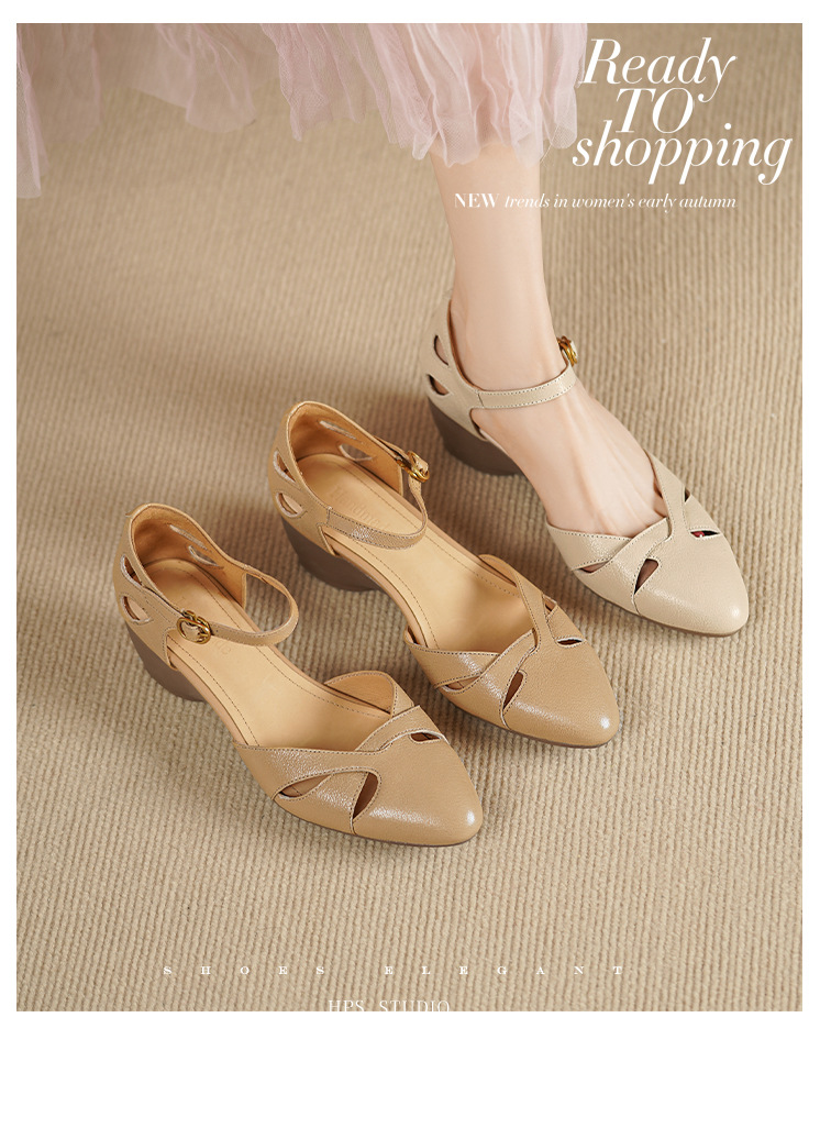 Sandal nữ da dê nguyên tấm mũi khoét gót vuông đế xuồng — Màu trắng nhạt chi tiết 1