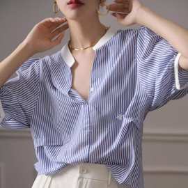 蓝白条纹仿真丝衬衫女设计感小众小蜜蜂刺绣复古气质立领衬衣女夏