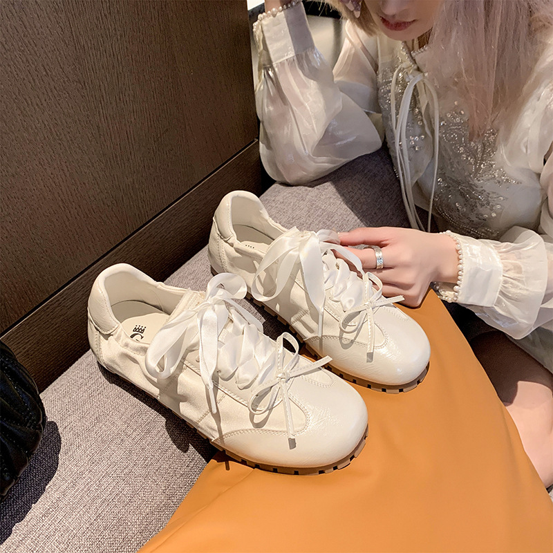 Bow-Tie Soft-Soled Flat Pink Ballet Shoes, Versatile German Training Shoes, White Shoes for Women, Lightweight and Non-Slip