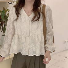 韩系甜美超仙V领蕾丝衬衫女长袖早秋设计感小众法式别致小衫上衣