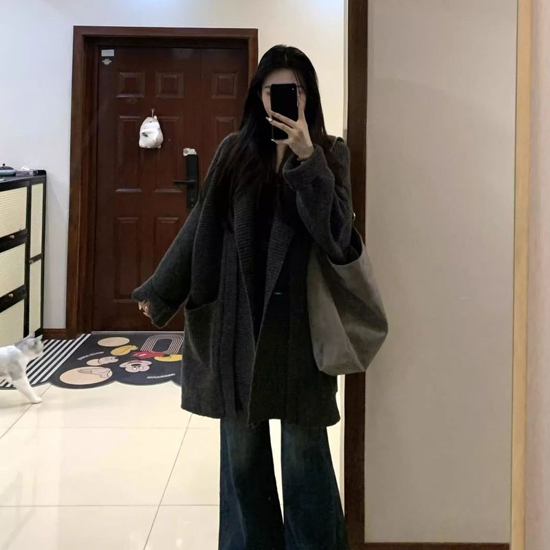 慵懒风宽松休闲针织开衫女秋冬加厚保暖气质百搭中长款毛衣外套|undefined