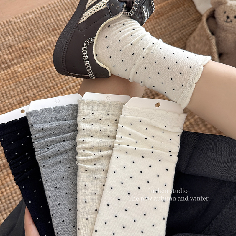 Casual and Versatile Style ~ Polka-Dot Lace Boneless Socks Women's Mid-Calf Socks Spring & Fall New Combed Cotton Korean Pile Socks