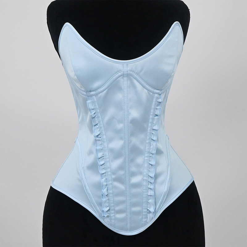 7194 French-style light blue satin strapless corset with ruffles and boning for waist cinching, suitable for photo shoots 7194 French-style light blue satin strapless corset with ruffles and boning for waist cinching, suitable for photo shoots